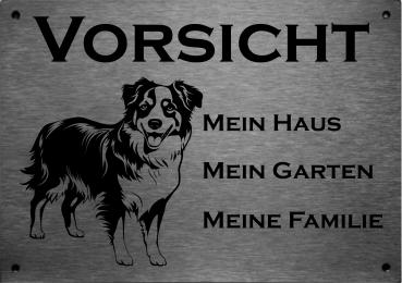 Edelstahl Warnschild Australian Shepherd VORSICHT Mein Haus mein Garten meine Familie